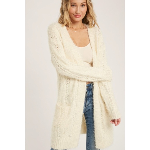 SOLD OUT Cream Fuzzy Soft Cable Cardigan Open Sweater - Picture 3 of 7